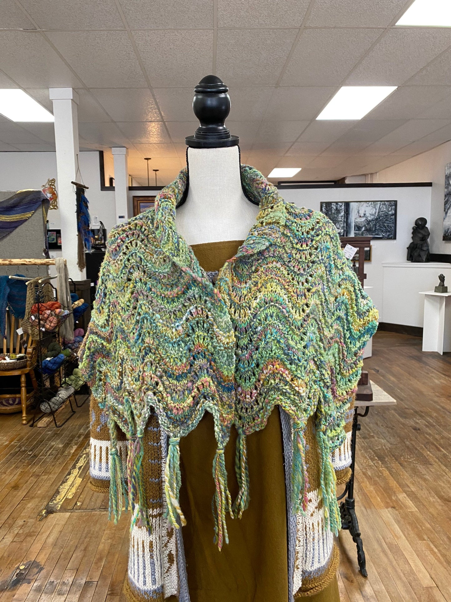 Handspun Handknit Feather Fan Shawl