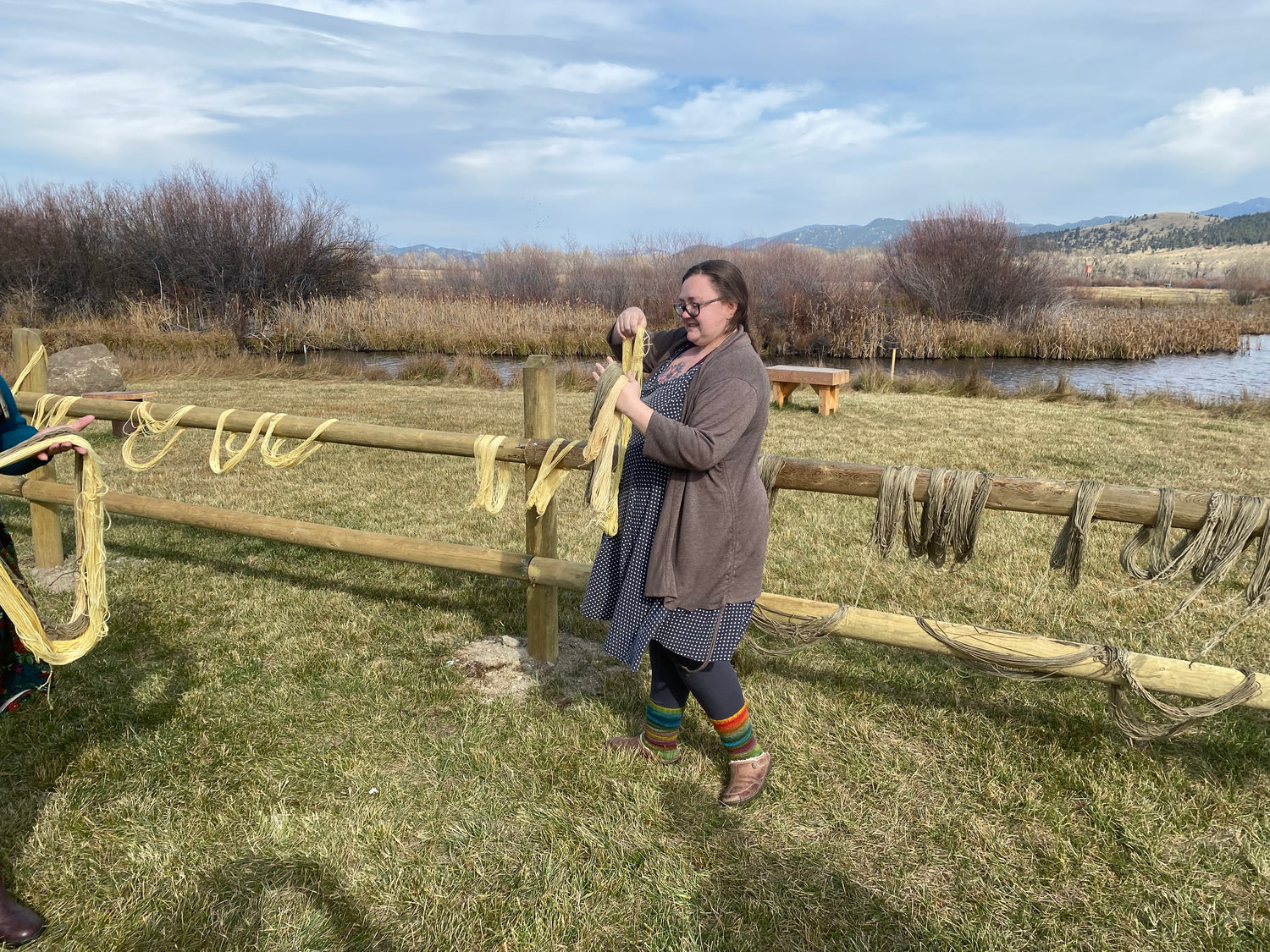 Madeline, a fat pale woman wearing a black dress and brown cardigan over black leggings with bright rainbow hand knit socks, is holding loops of onion skin dyed yarns in green and yellow in front of her as she prepares to hang them on the wooden fence behind her to dry.  The fence already has many skeins in matching colors hanging and blowing in the wind.  The background is a small pond surrounded by shrubs, the mountains of Montana are in the distance.