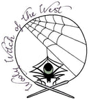 the logo for Wooly Witch of the West, a spider hangs from a web its spun in the middle of a pair of circular knitting needles.  It has a sage green crescent moon on its abdomen.  The text reads 