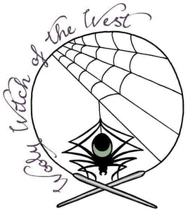 the logo for Wooly Witch of the West, a spider hangs from a web its spun in the middle of a pair of circular knitting needles.  It has a sage green crescent moon on its abdomen.  The text reads "Wooly Witch of the West."